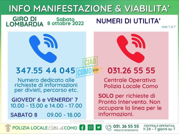 numeri utili polizia locale per strade chiuse giro di lombardia 2022