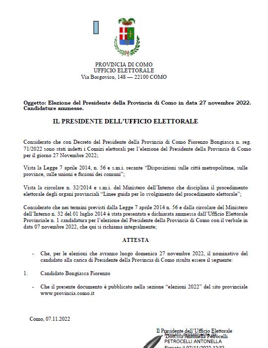 documento ufficio elettorale provincia unica candidatura bongiasca