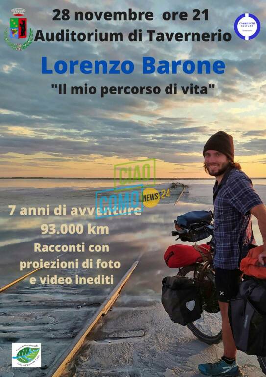 locandina lorenzo barone cicloviaggiatiore a tavernerio il prossimo 28 novembre