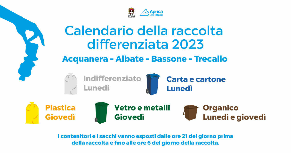 calendario raccolta rifiuti a como per il 2023 con tutti i sacchi schema grafico